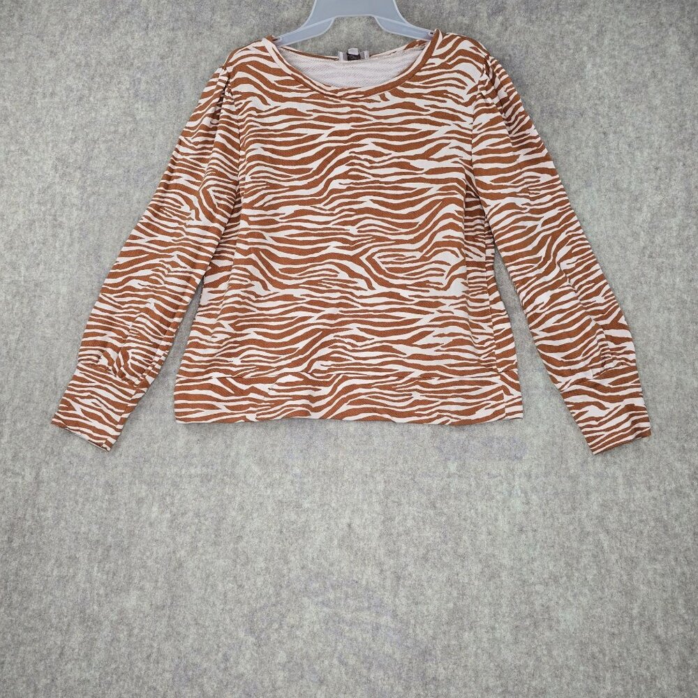 Loft Outlet Womens Long Sleeve Zebra Print Top Brown White Size L Cotton Blend